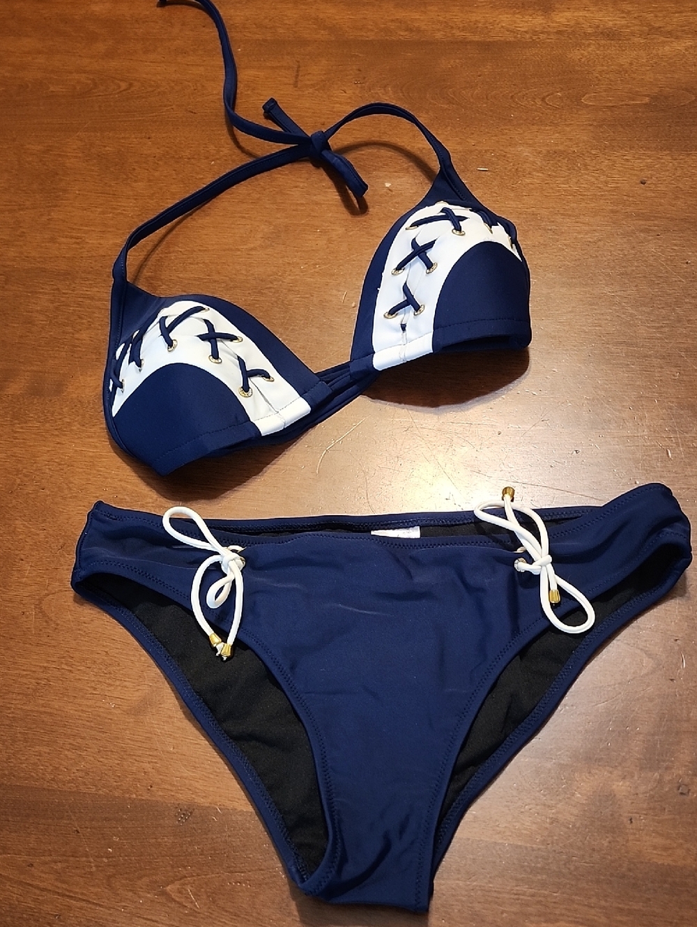Navy and White Lace-Up Halter Bikini Set